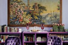 25 violet upholstered chairs and a matching bookshelf for an exquisite space