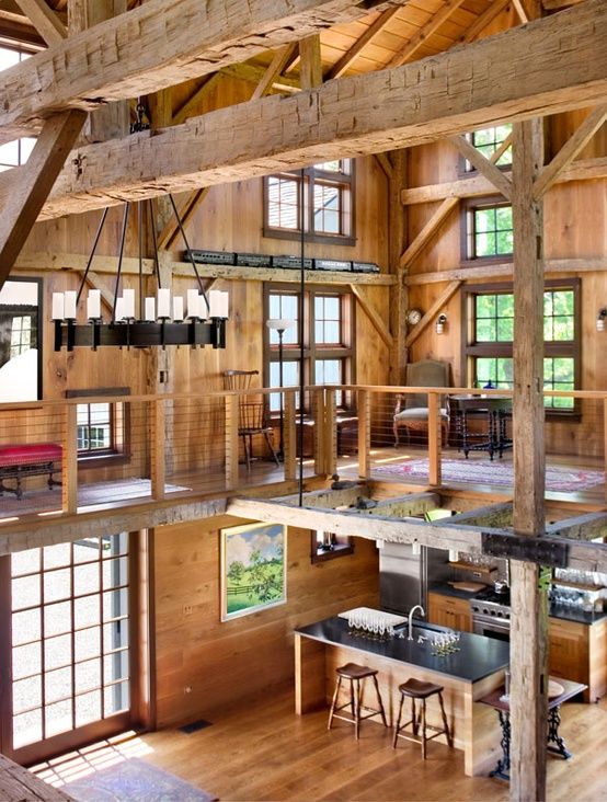 all-wood everywhere, with reclaimed wooden beams and lots of windows to enjoy the light