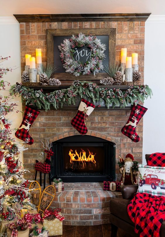 plaid stockings, plaid ornaments and decorations plus a plaid blanket