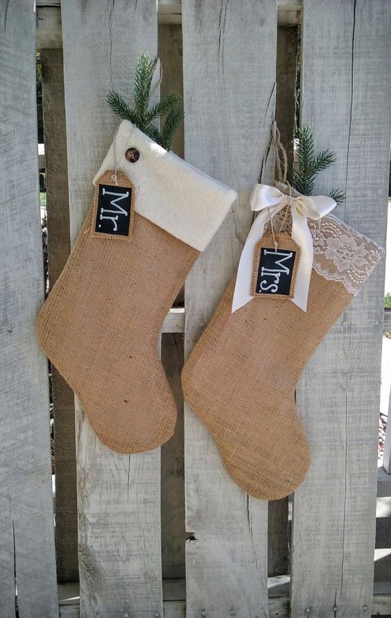 burlap stockings with felt and lace, with chalkboard tags and evergreens