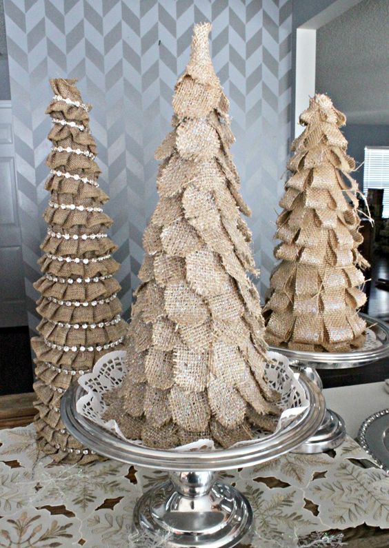 tabletop burlap Christmas cone trees with rhinestones and petals