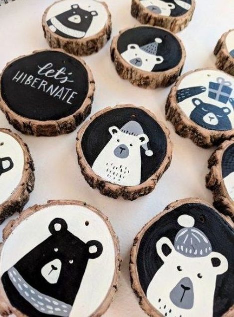 stylish modern black, grey and white Christmas wood slice ornaments with letters and bears look bold and chic