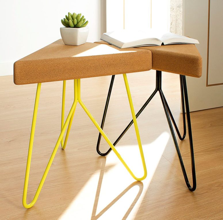 Modern Cork Três Stool/Table With Colorful Legs