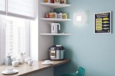 03 a modern breakfast space with bold turquoise chairs and a cork windowsill