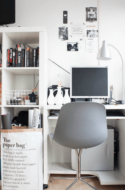 The workspace is in the bedroom and features some comfy IKEA furniture
