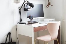 10 a girlish workspace with a Micke desk with a dusty pink drawer and a matching chair with brass legs