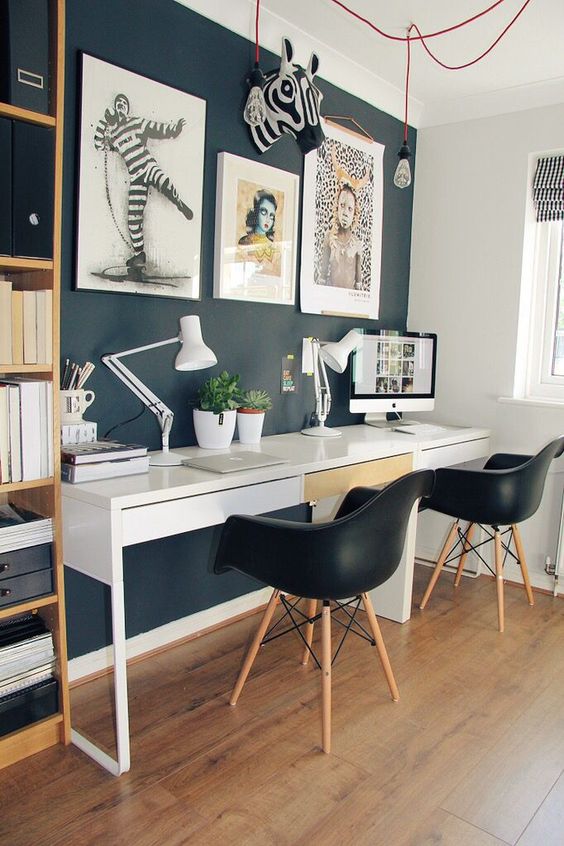 a stylish double workspace with a couple of Micke desks and modern chairs