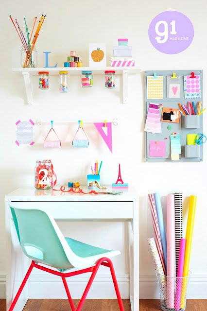 a bold study space with a Micke desk, a couple of shelves and some colorful touches
