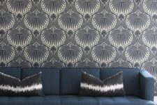 23 a stylish wallpaper accent wall for a mid-century modern styled room