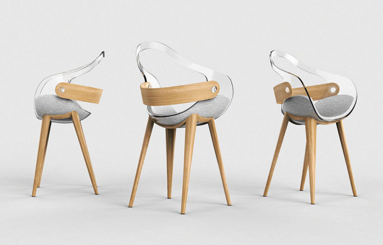 The Swan chair is a unique modern piece done of clear acryl, light colored wood and with an upholstered seat The Swan chair is a unique modern piece done of clear acryl, light colored wood and with an upholstered seat