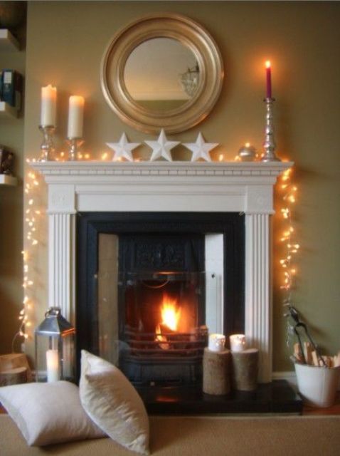 accent the working fireplace with string lights and candles to get maximal coziness