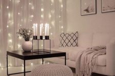 10 string lights added to the sheer curtains are a great way to add glam to the space
