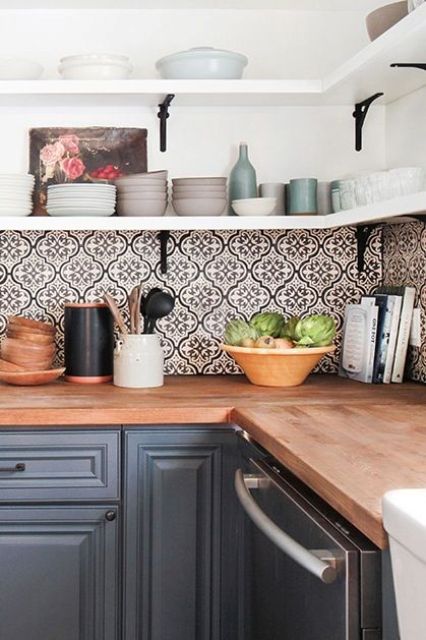 patterned tiles for the backsplash are sure to catch an eye