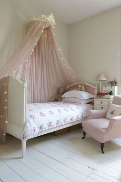 incorporate the string lights into the bed canopy if any, it will add charm to the sleeping space