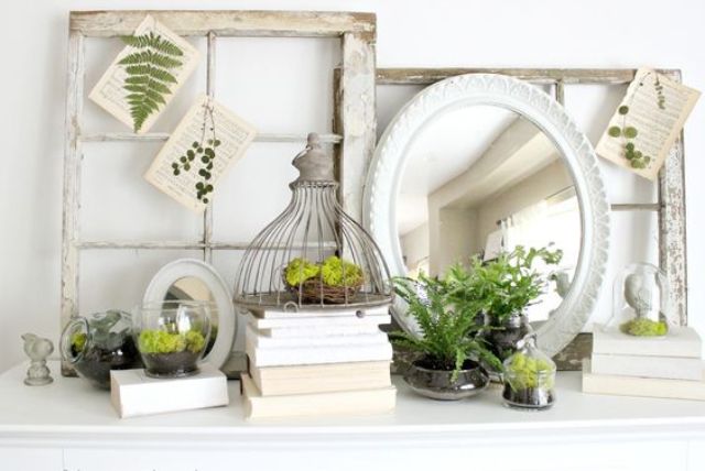 shabby window frames and a mirror, pages with leaves pressed and little nests filled with moss