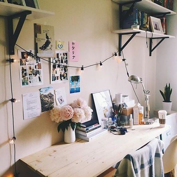 string lights over the workspace highlight it and you may not use the desk lamp