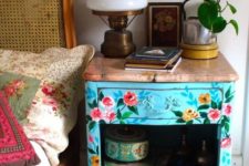 19 a blue vintage floral painted nightstand with a wooden top for a spring feel