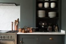 25 graphite grey walls and absolutely matching cabinets with white marble countertops
