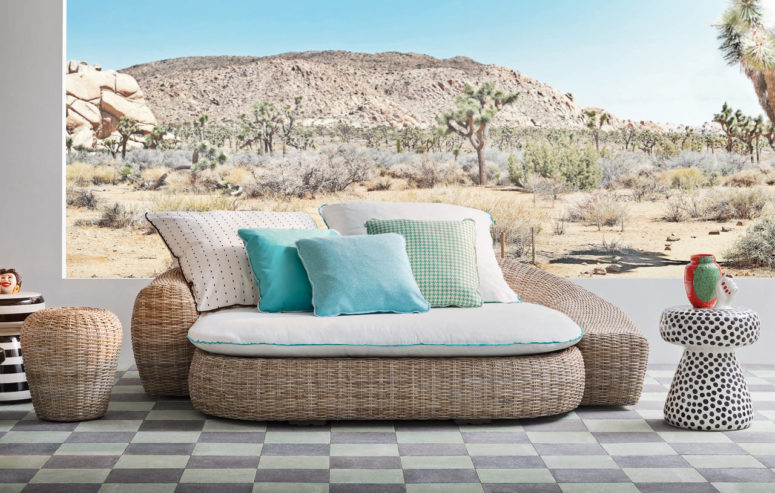 Here you'll see classic wicker sofas and side tables with upholstery