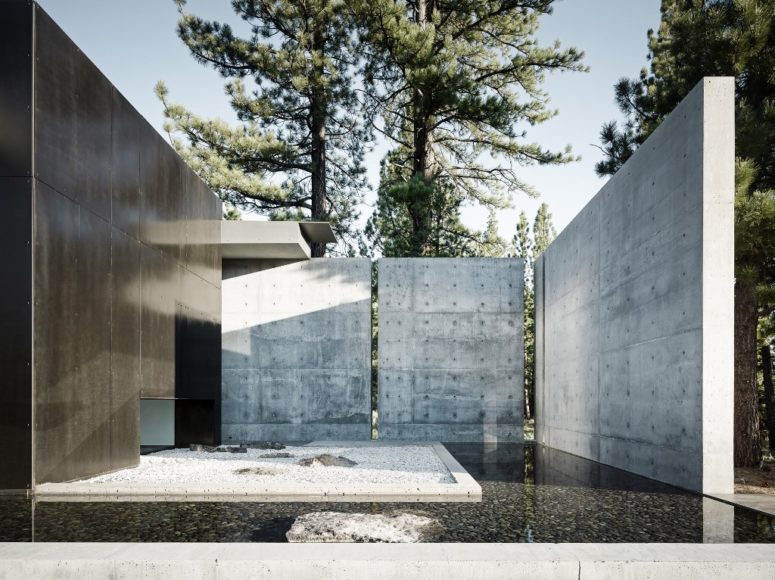 zen like courtyard design The courtyard features a rock garden with a pond filled with pebbles that is covered from two sides with metal covered walls