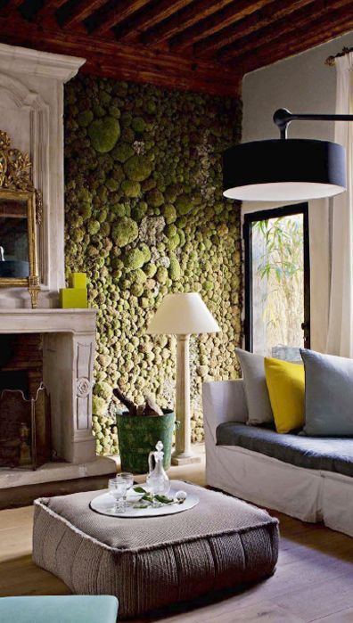 a moss wall is a chic and trendy feature in any room, it adds freshness to the space
