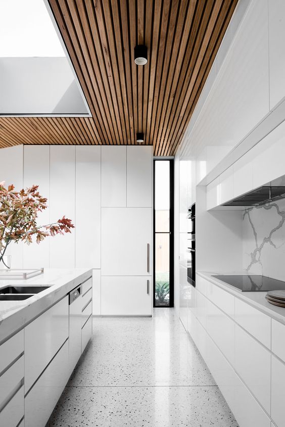 a sleek minimalist white space is accented with a wood slab ceiling and a large skylight for a natural feel