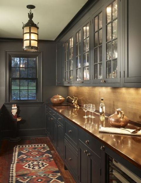 25 Trendy Metal Kitchen Backsplashes To Try Digsdigs A Vintage Grey Kitchen With Polished Metal Backsplash And Matching Countertop