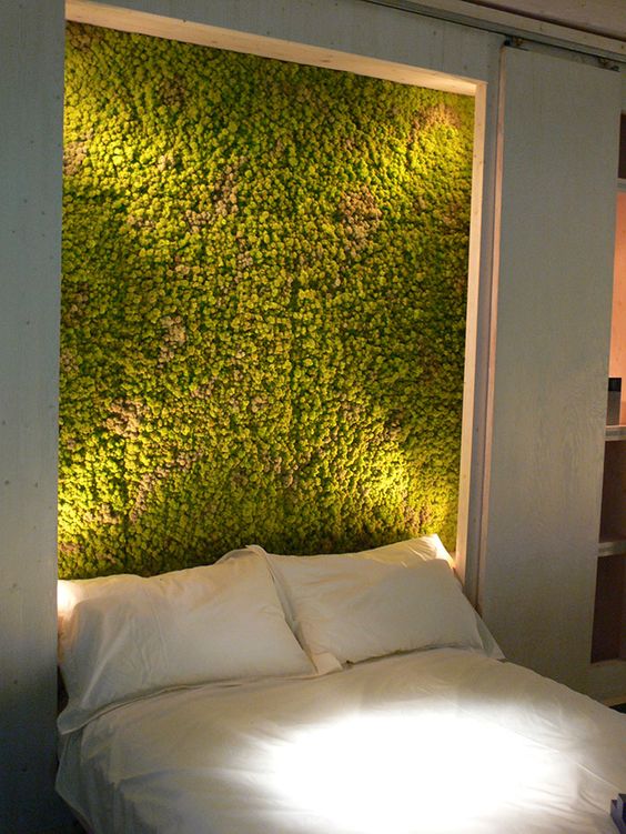 a lit up moss wall in the bedroom will make a stylish statement and a bold look at once