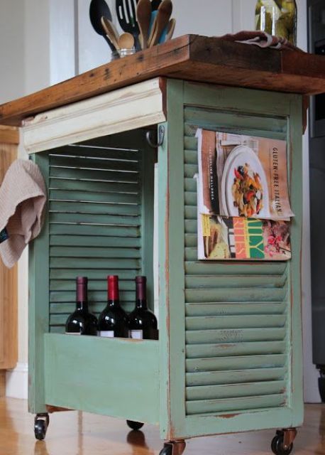 make a kitchen cart or mobile kitchen island of old shutters, a wooden countertop and casters