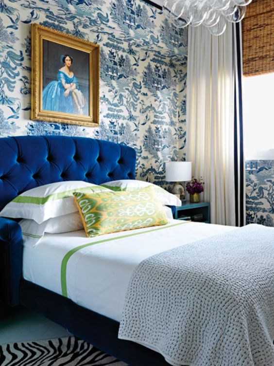 exquisite blue printed wallpaper inspired by chinoiserie for a refined space with a modern feel