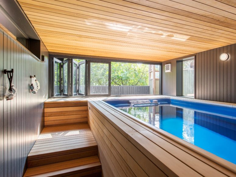 gorgeous indoor swimming pool The swimming pool is inside the house, in a room fully clad with cedar wood for more coziness but it can be opened to outdoors