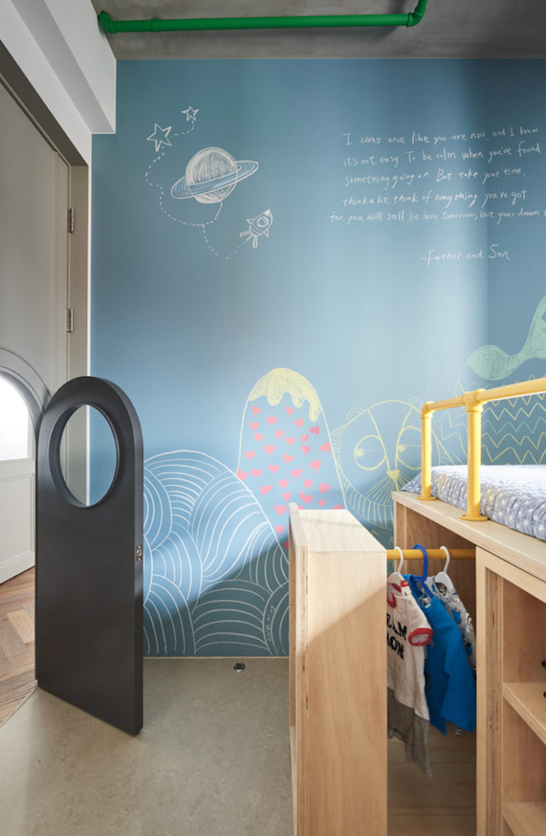 There's a chalkboard wall that encourages creativity