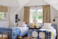 11 a guest bedroom done with blue and white buffalo check upholstered beds to bring a welcoming feel