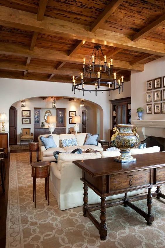 a vintage living room requires a wooden ceiling with beams for a chic look