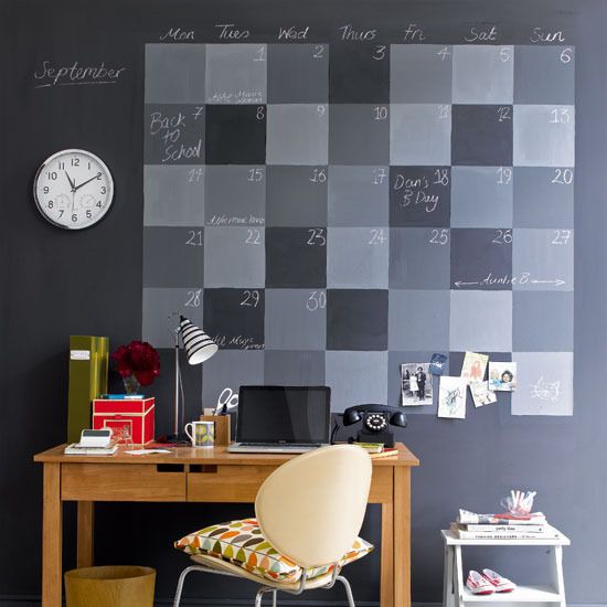 a chalkboard wall can be used for chalking a whole calendar, hanging pics and even a clock