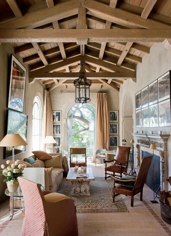 a light-colored coffered wooden ceiling with beams for a refined vintage space to make a statement