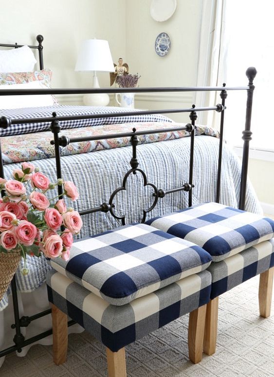 get a couple of navy and white buffalo check stools for a coastal bedroom