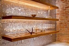 17 a copper penny tile backsplash and lit shelves for the home bar space