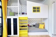 17 yellow touches and some blue ones make the room cheerful, and chalkboard doors and a polka dot wall add interest