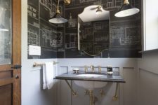 19 chalkboard-styled wallpaper is completed with grey wainscoting to make the space lighter