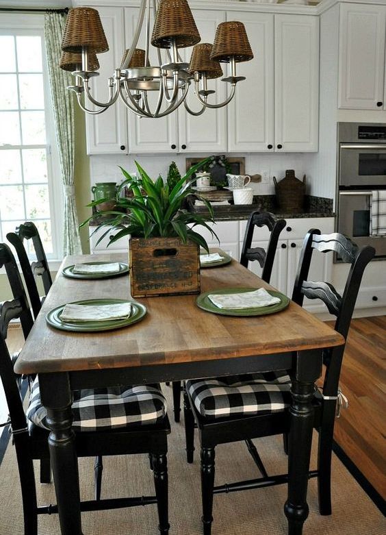 vintage black chairs with buffalo check upholstery plus a wooden table and woven lamps create a rustic look