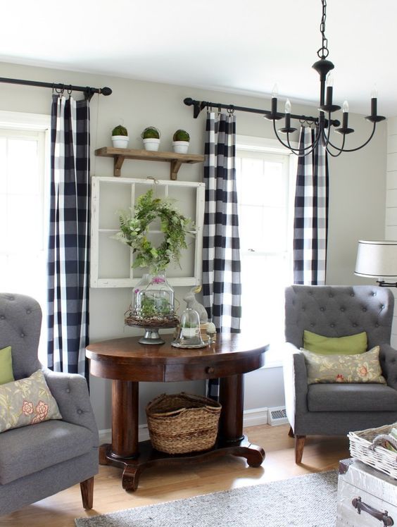 add a cozy farmhouse feel to your living room with buffalo check curtains