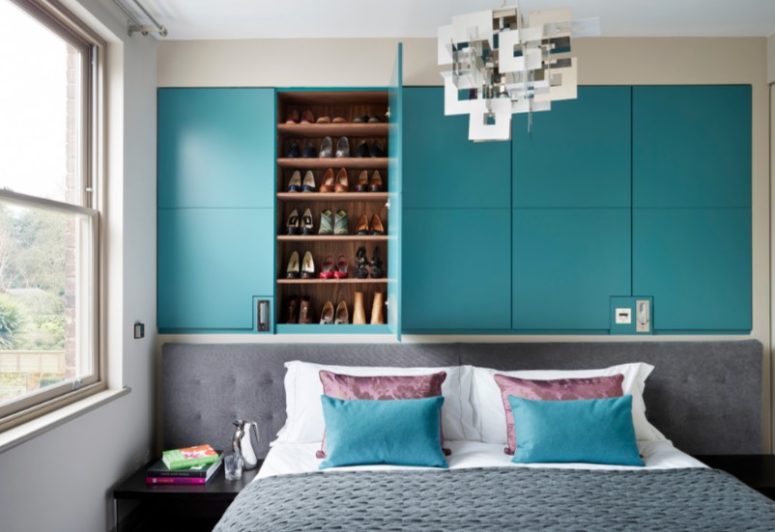 stylish colorful storage cabinets on your headboard wall will add color and accomodate a lot of things