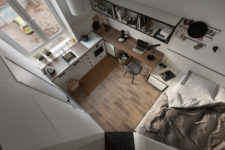 01 This super tiny dwelling was created for a student, it got contemporary decor and some masculine touches