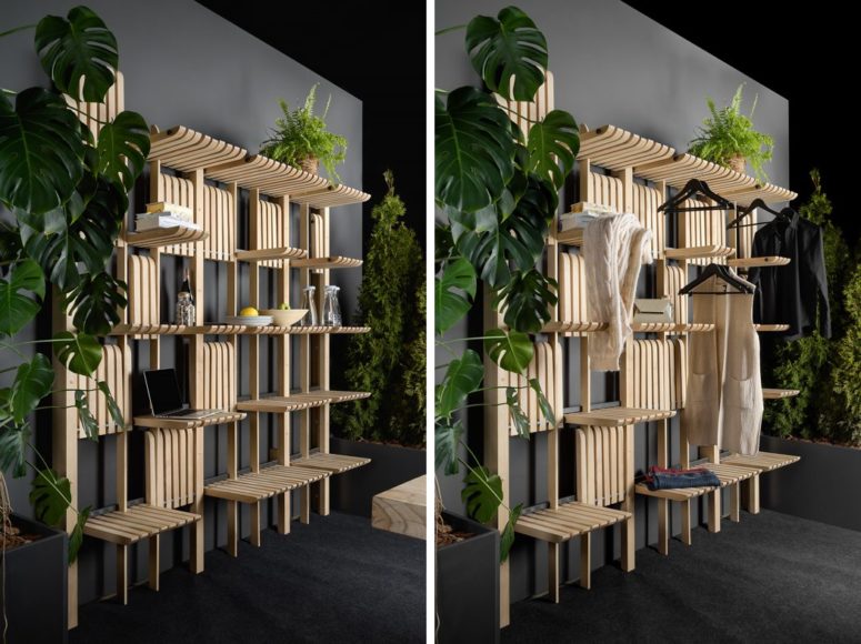 The shelving unit has many wooden slabs attached to rod to make shelves here and there wherever you need it The shelving unit has many wooden slabs attached to rod to make shelves here and there wherever you need it