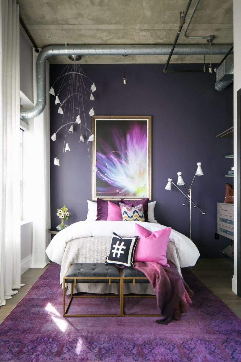 teenage girl's bedroom The daughter's bedroom is done in ultra violet, with a floral lamp, a floral artwork and touches of glam
