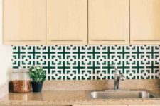 21 highlight your kitchen style and colors with a bold geometric wallpaper backsplash liek this one