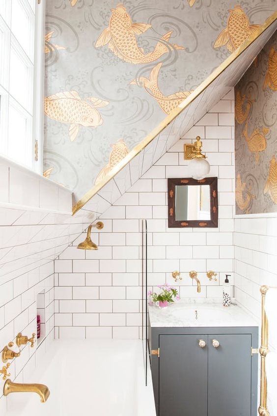 catchy printed wallpaper is a trend, and such wallpaper can totally change the look of your bathroom