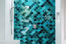25 a super bold shower wall with fish scale tiles is a gorgeous way to add color to the bathroom