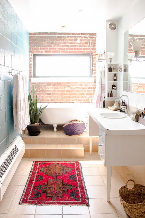 24 Examples To Pull Off Boho Style In Your Bathroom Digsdigs A Colorful And Boho Chic E With Brick Wall Baskets Potted Succulents